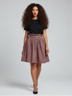 Pink & Black Gingham Check Paperbag Waist Knee Length Skirt Size L